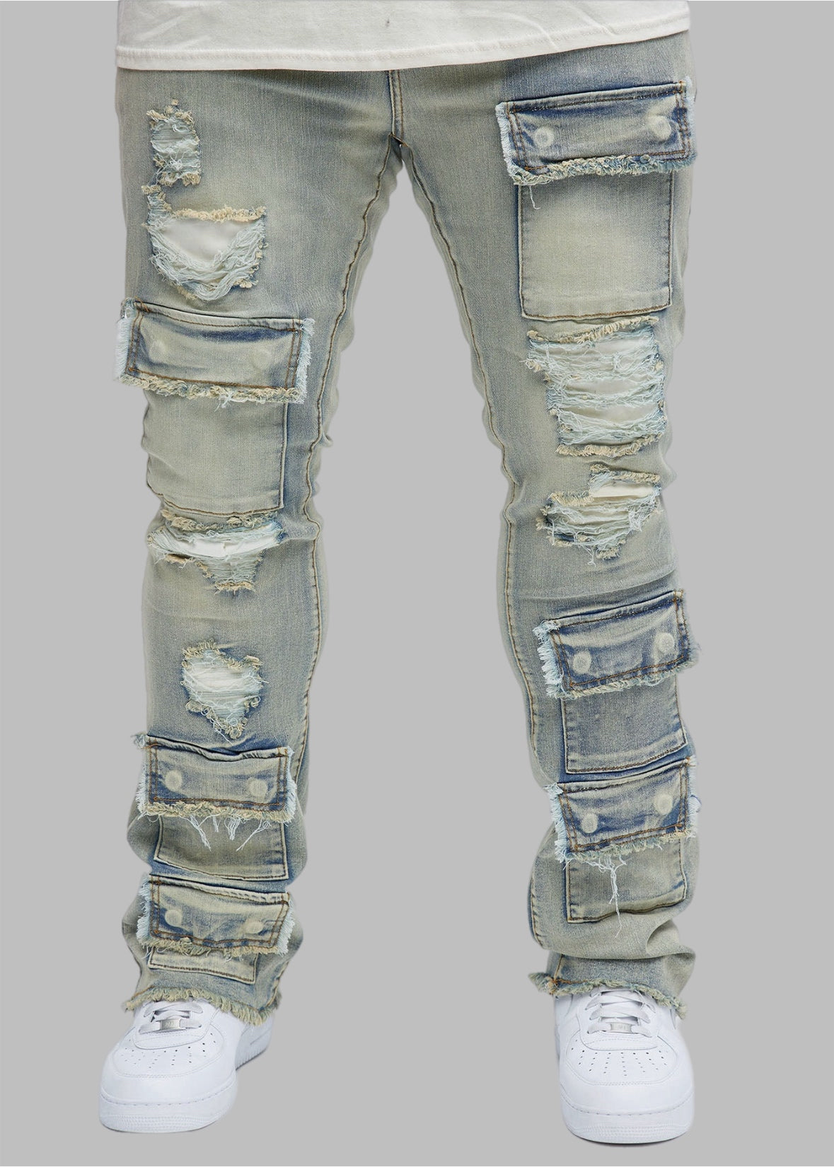 Men’s distressed skinny stacked cargo jeans