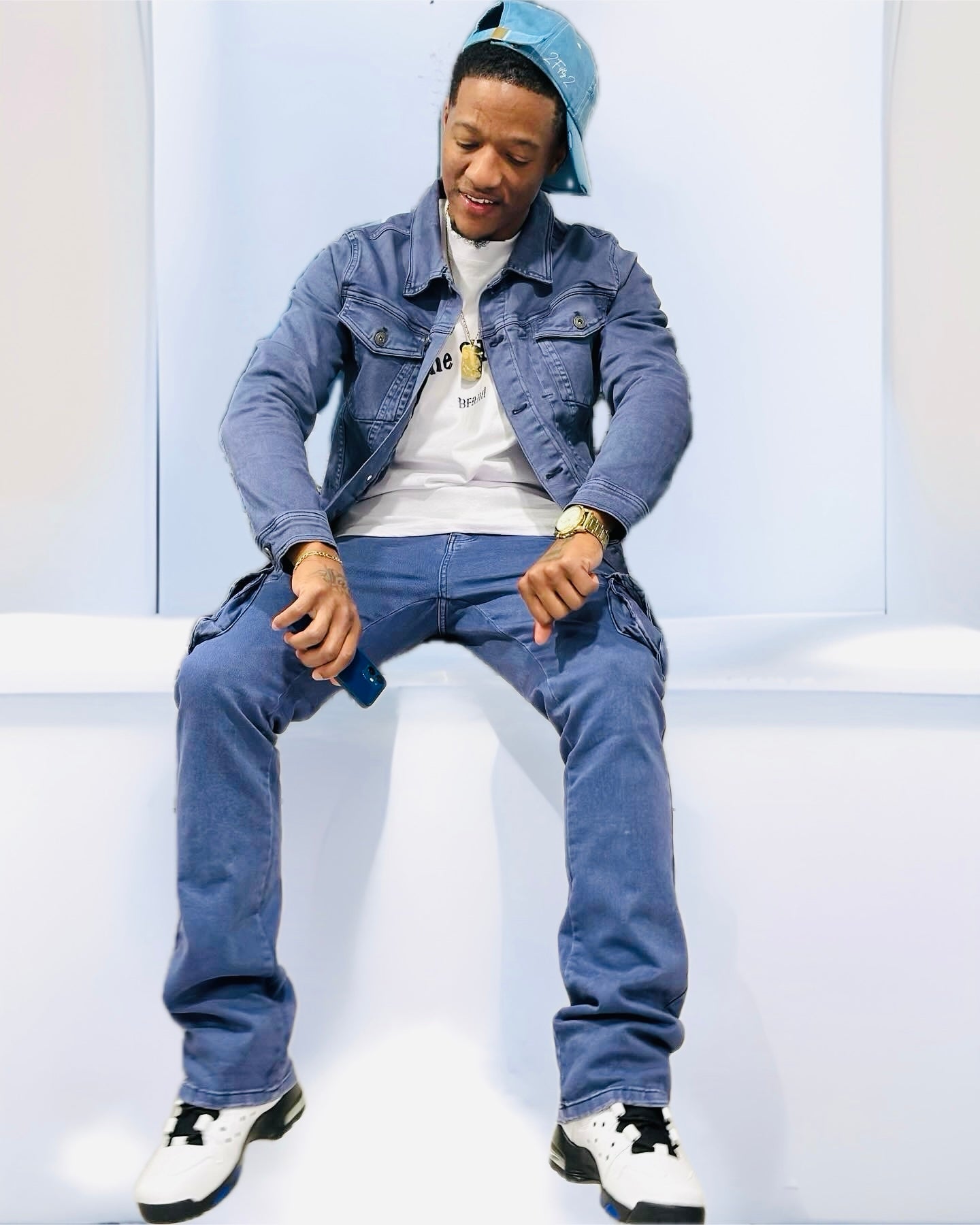 Jean jacket and flare cargo pants