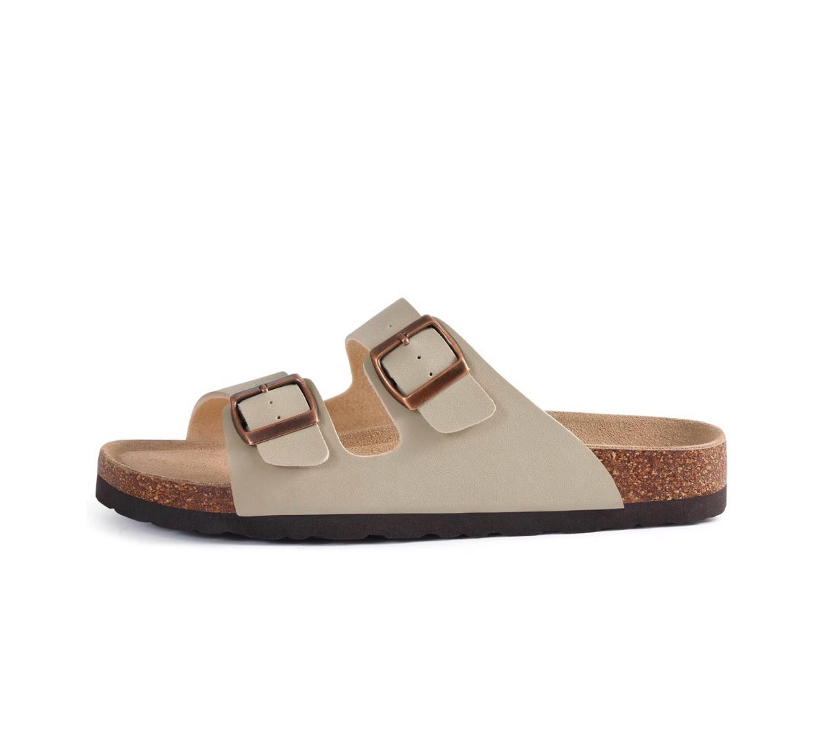 Women’s suede cork slide sandals with double adjustable buckle