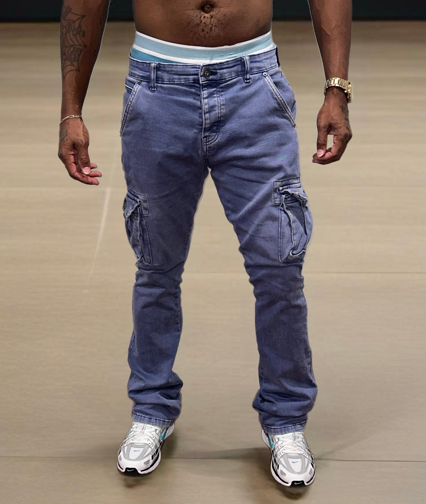 Jean jacket and flare cargo pants