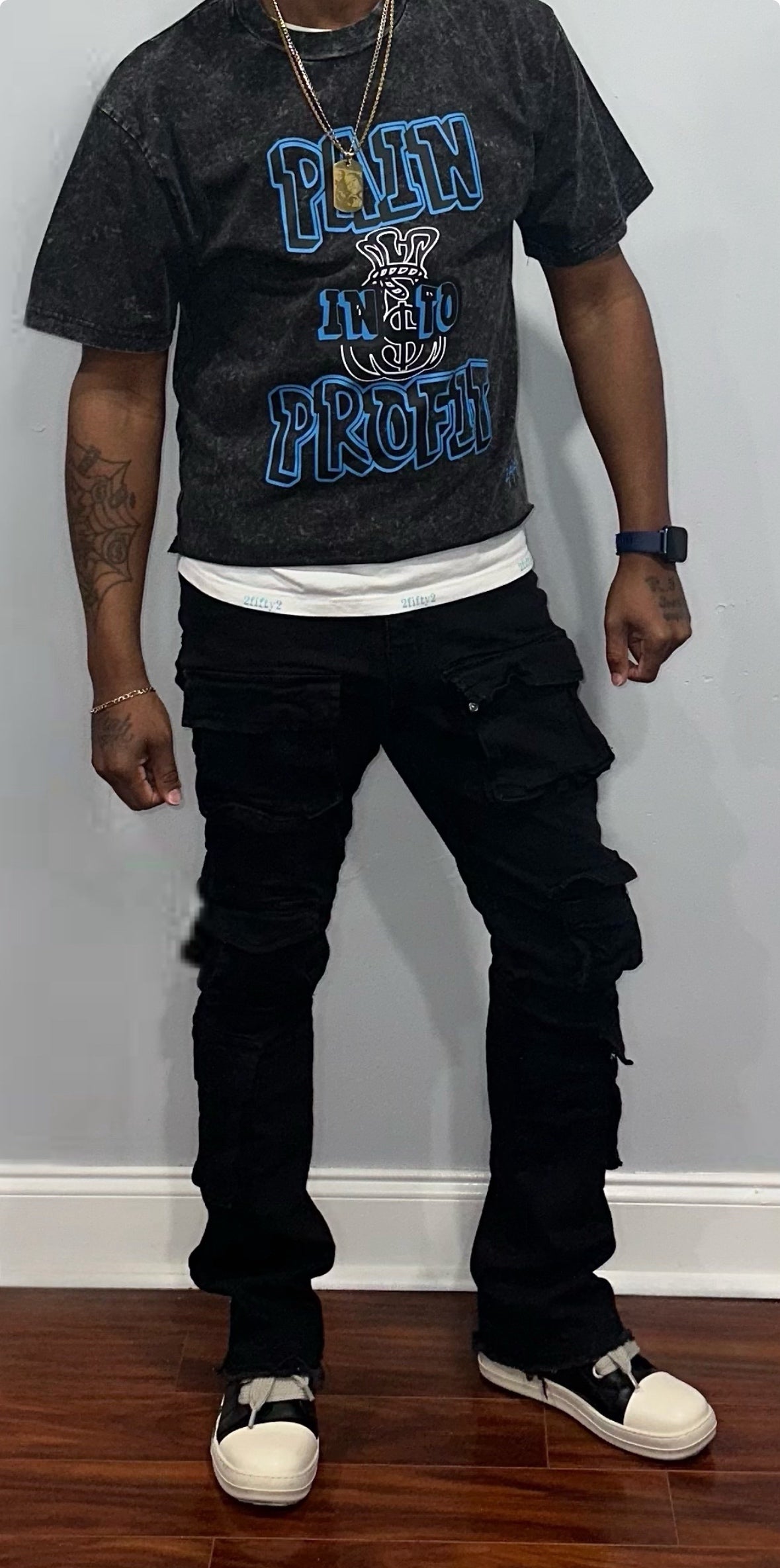 Men’s triple cargo pocket skinny Black stacked jeans