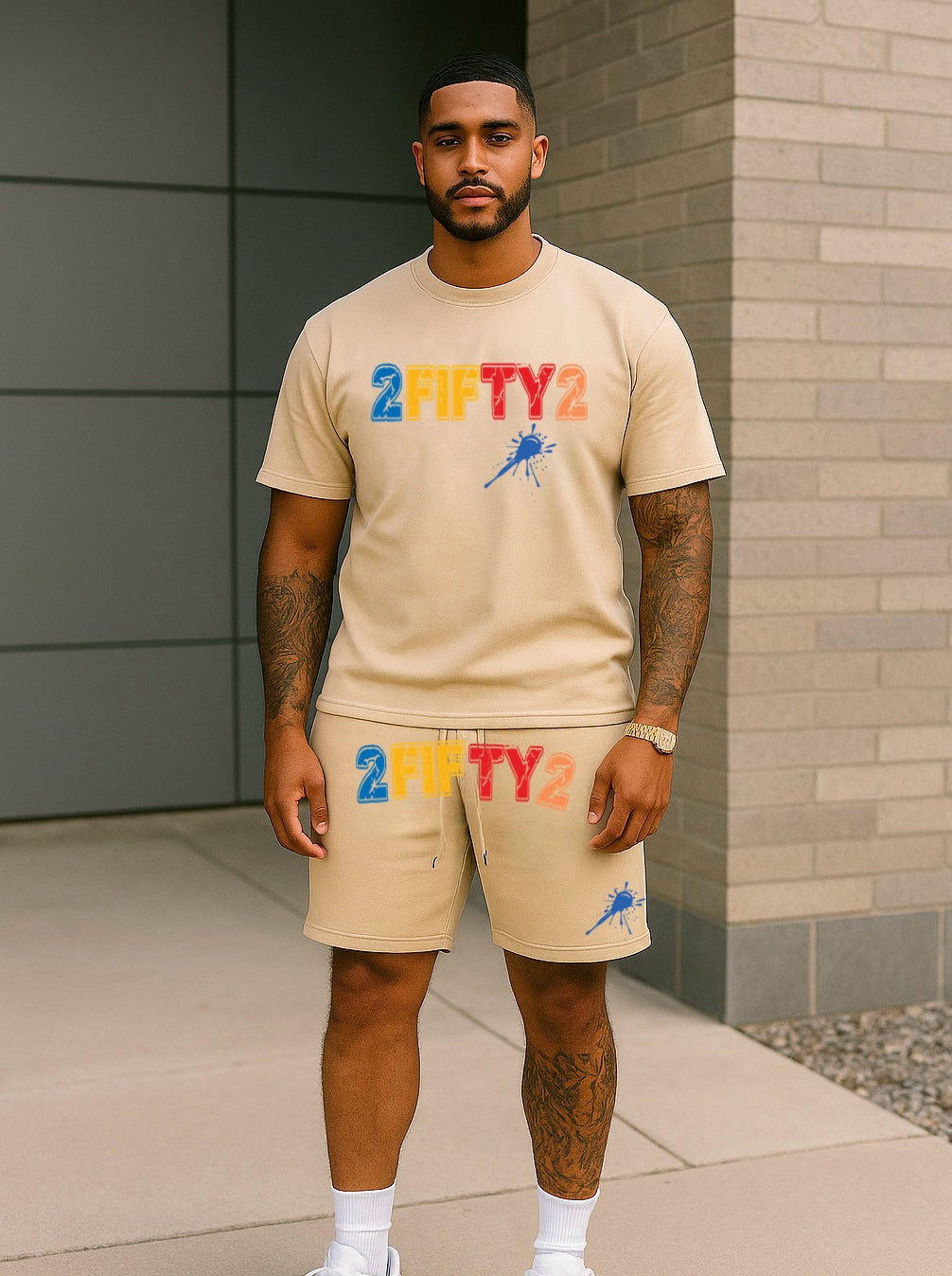 Plus size Men’s Beige Splash short set by the 2fifty2 brand