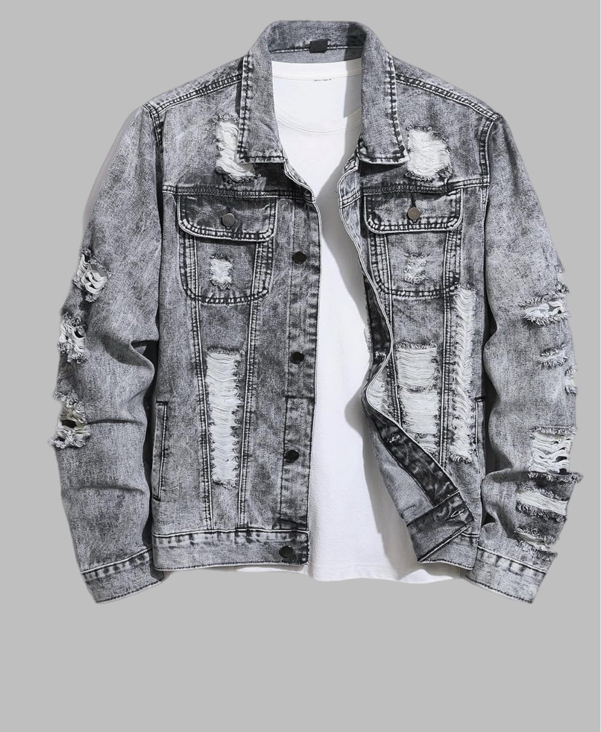 Men’s grey distressed denim jean jacket