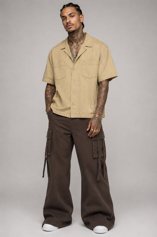 Men’s tan boxy button down shirt by The 2Fifty2 Brand