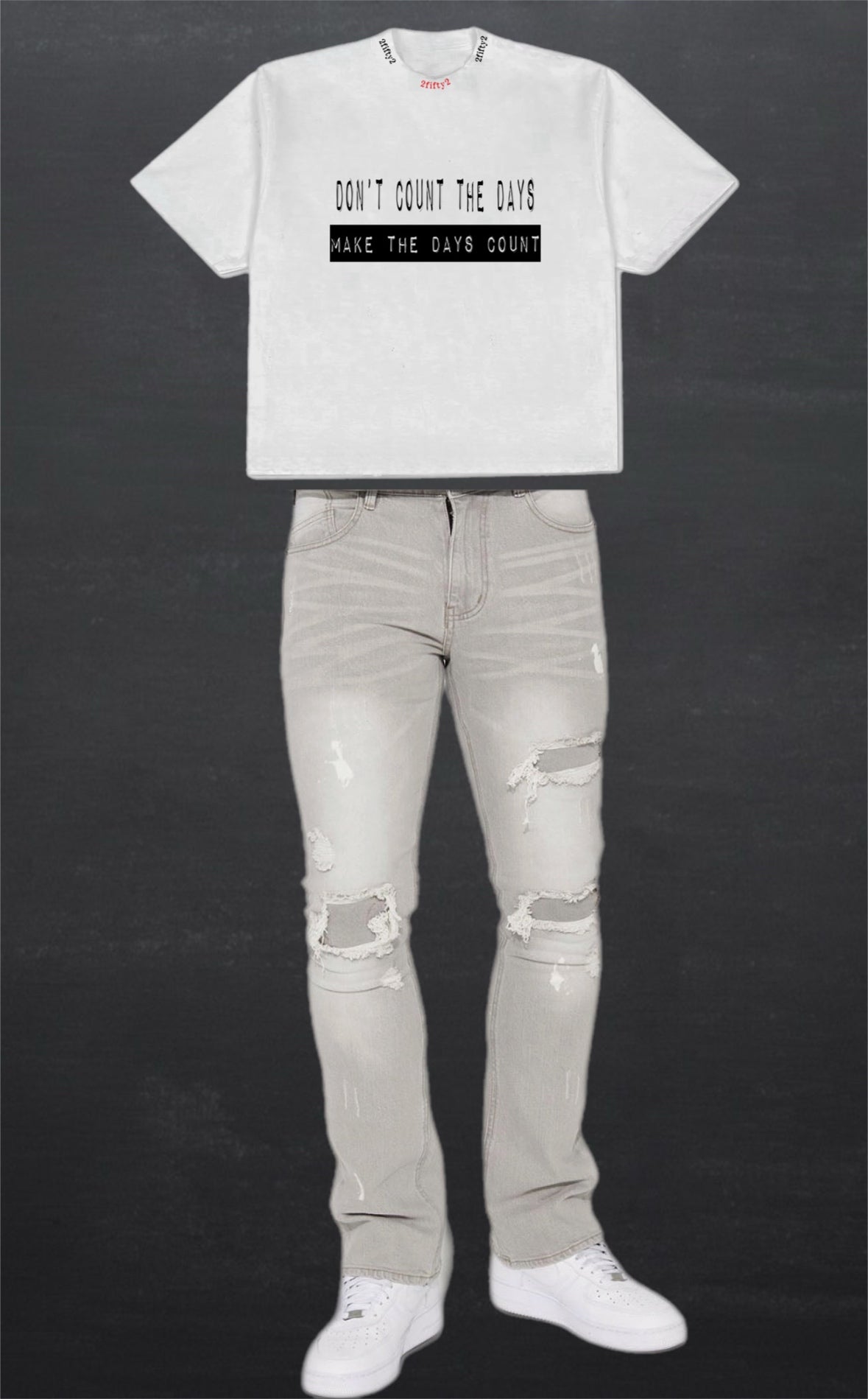 Men’s gray distressed skinny stacked jeans