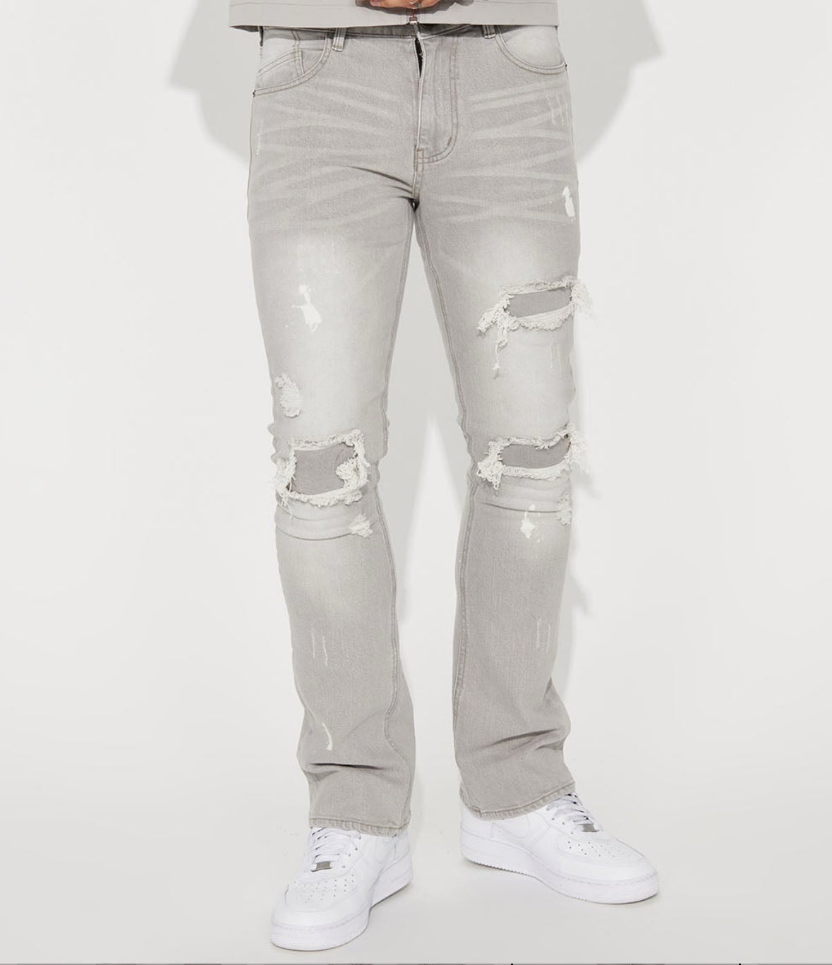 Men’s gray distressed skinny stacked jeans