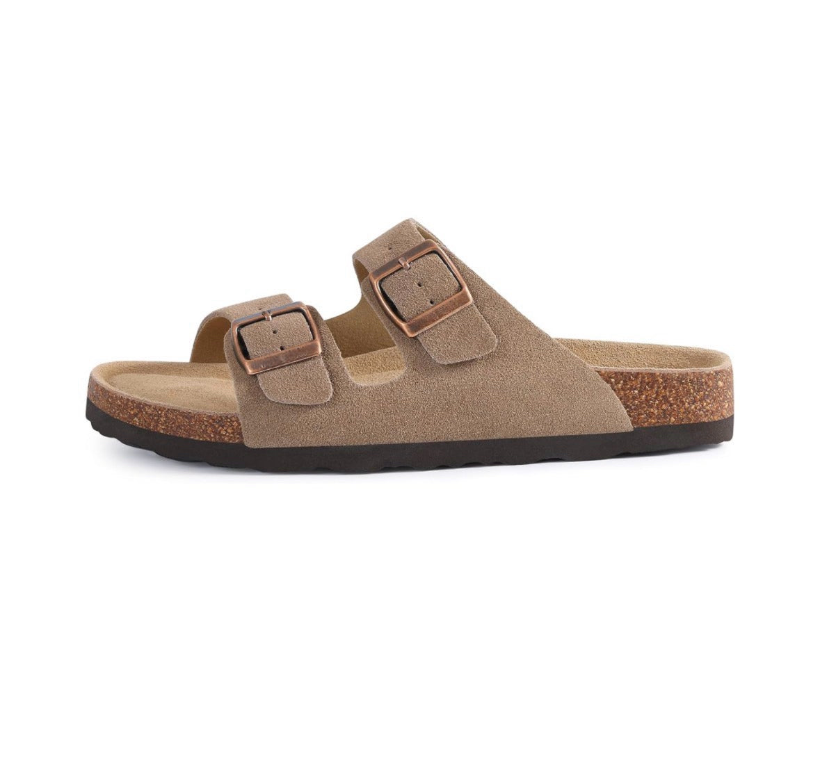 Women’s suede cork slide sandals with double adjustable buckle