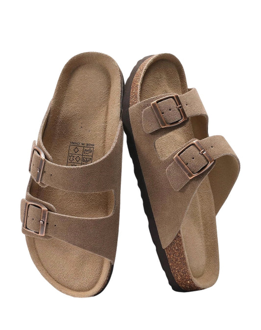 Women’s suede cork slide sandals with double adjustable buckle