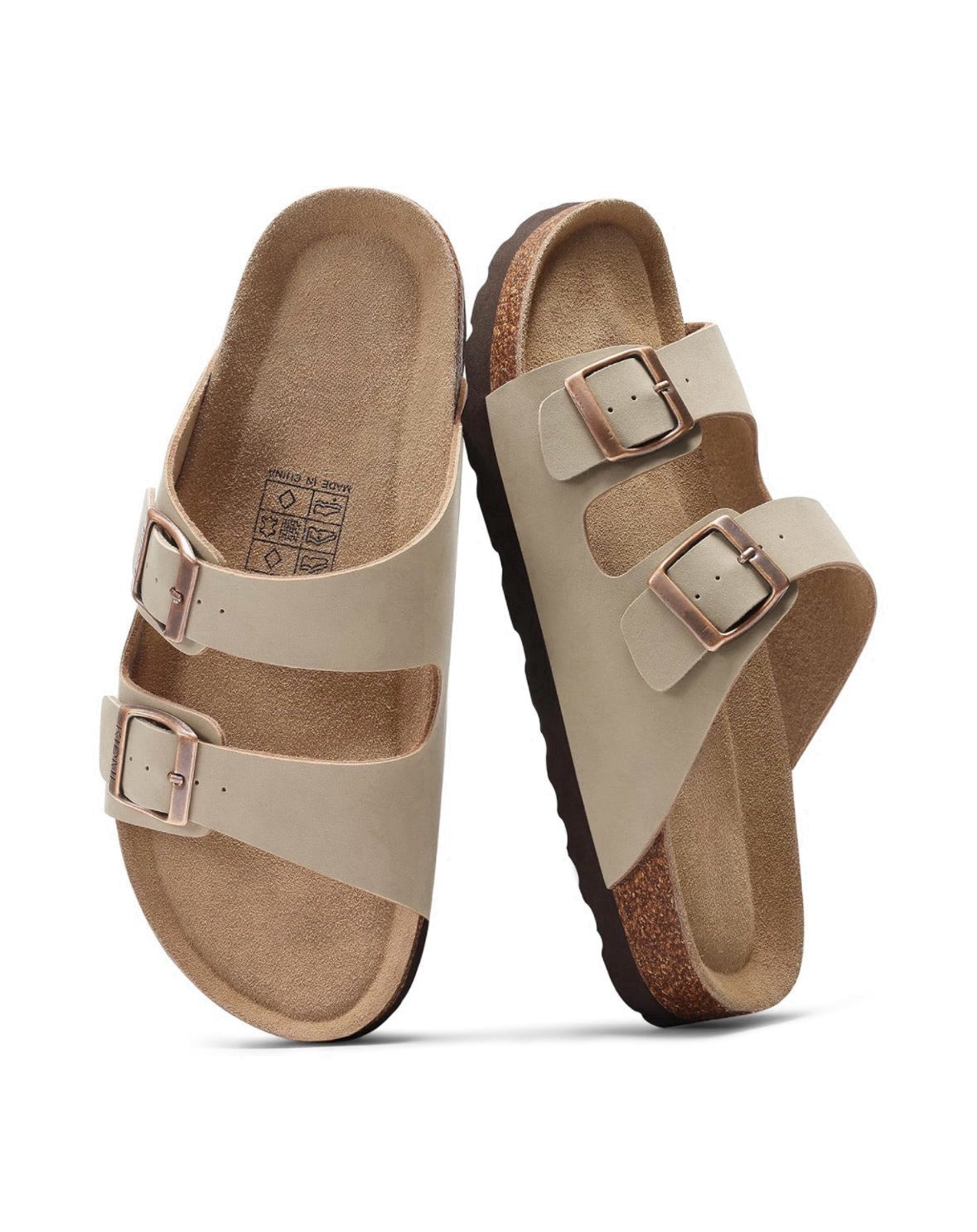 Women’s suede cork slide sandals with double adjustable buckle