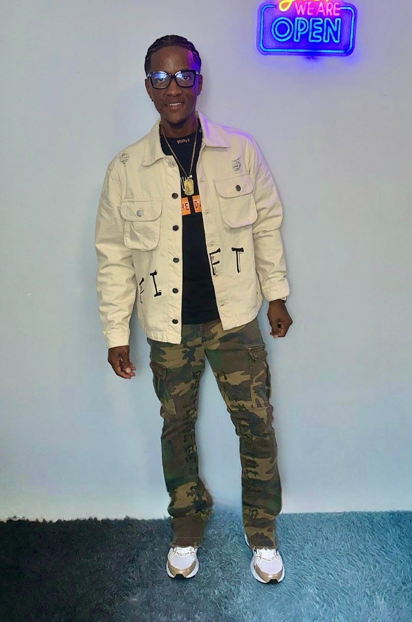 Men’s beige distressed 2fifty2 brand jean jacket