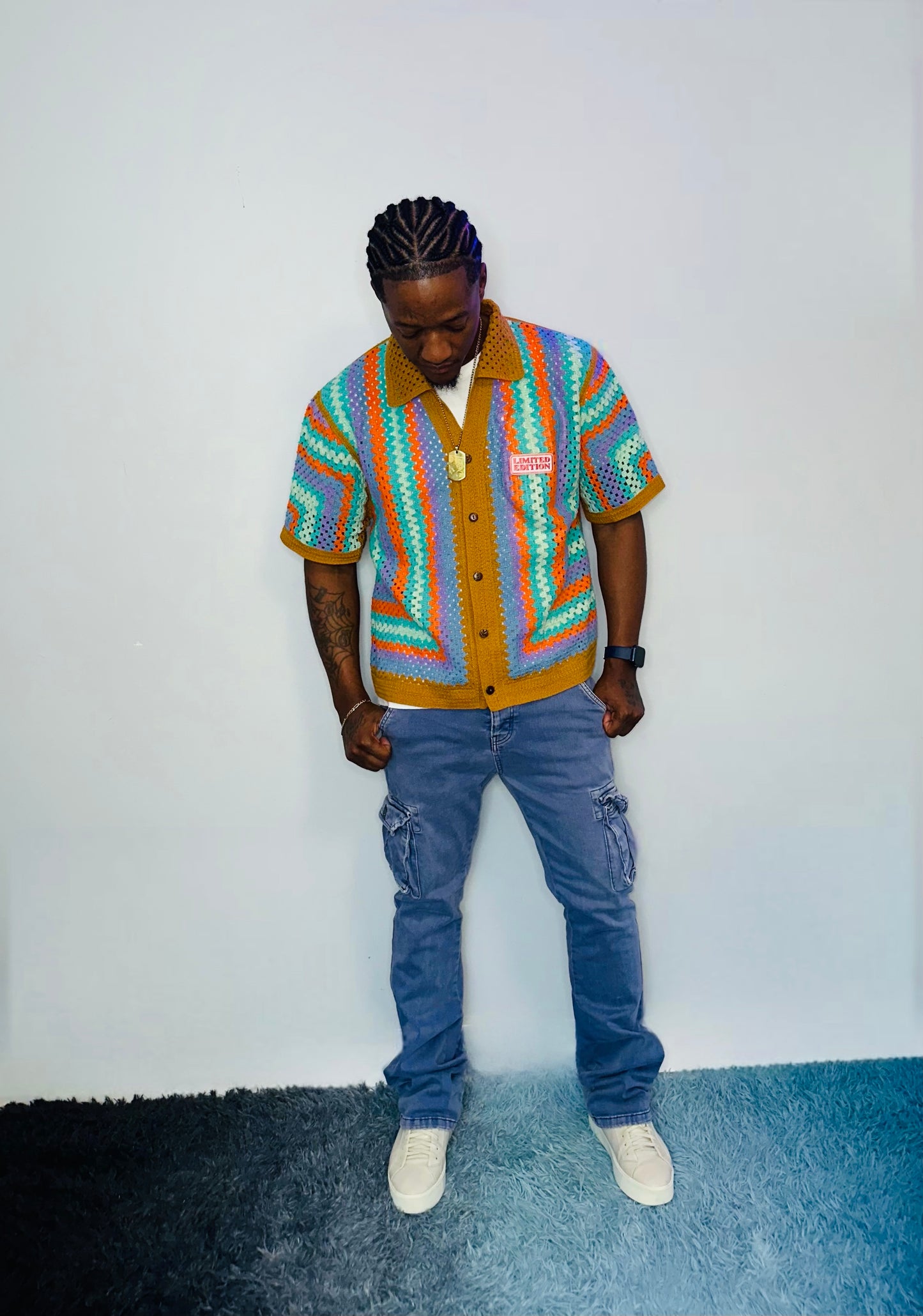 Men’s crochet button down shirt