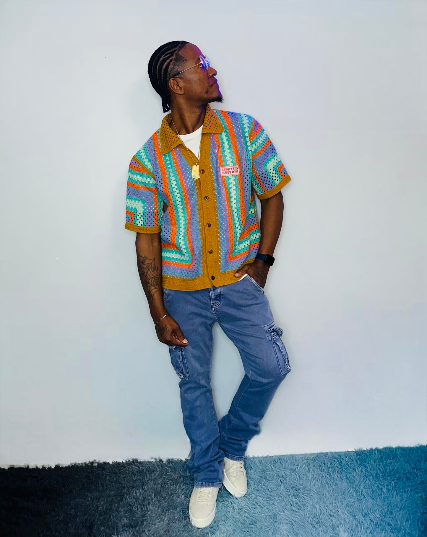Men’s crochet button down shirt