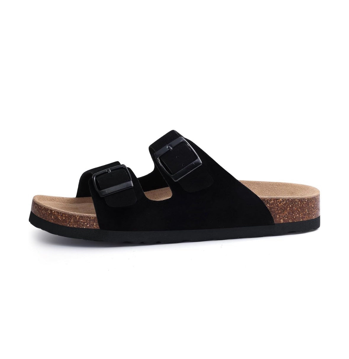 Women’s suede cork slide sandals with double adjustable buckle