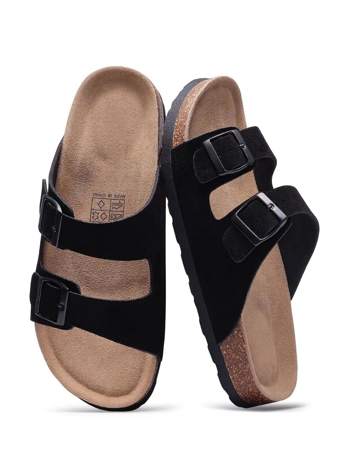 Women’s suede cork slide sandals with double adjustable buckle