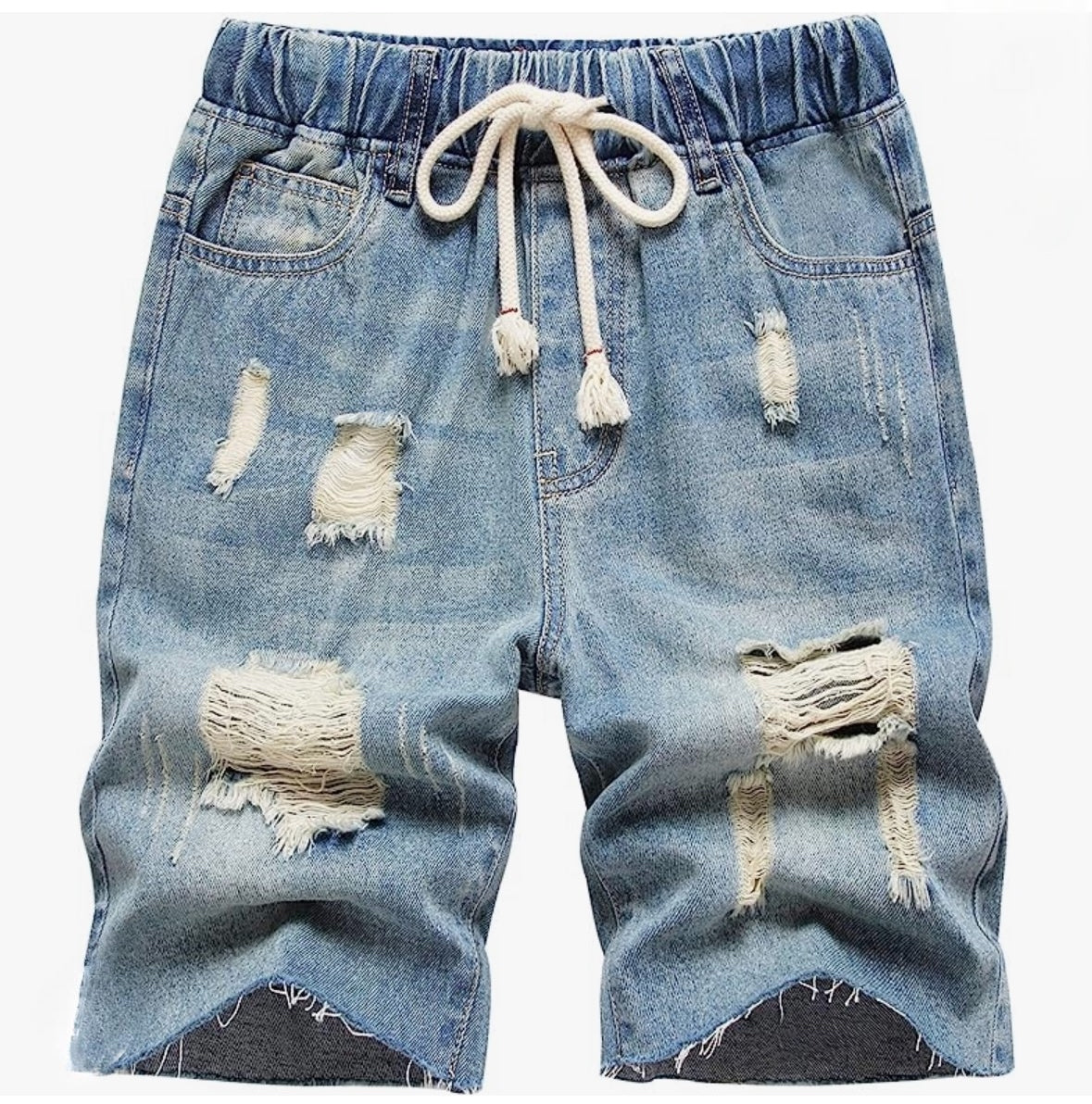 Boys distressed drawstring denim shorts