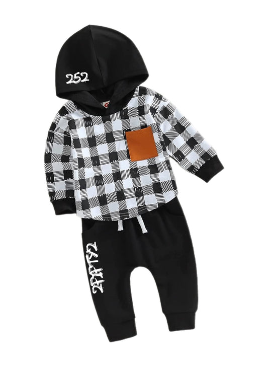 Toddler Boys Set Hooded Patchwork Hoodie Plaid Sweatpants Fall Winter Outfit